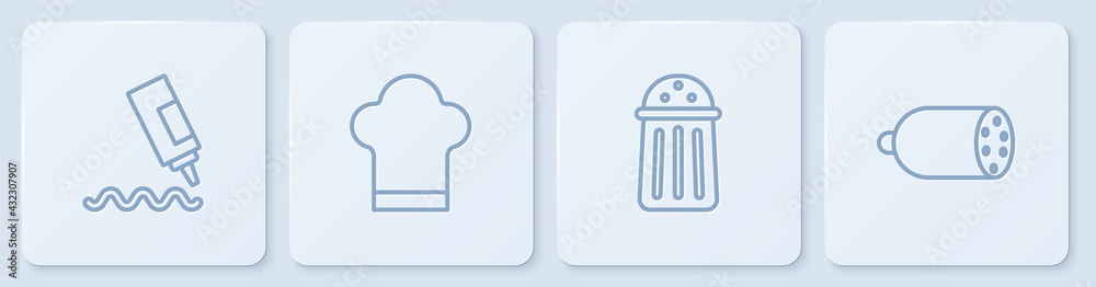 套装酱汁瓶、盐、厨师帽和萨拉米香肠。白色方形按钮。矢量