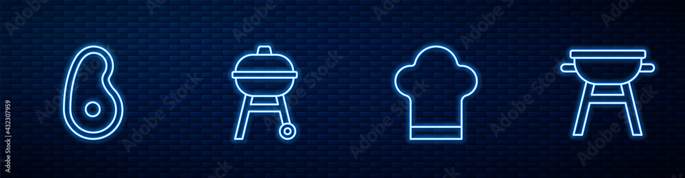 Set line Chef hat, Steak meat, Barbecue grill and . Glowing neon icon on brick wall. Vector