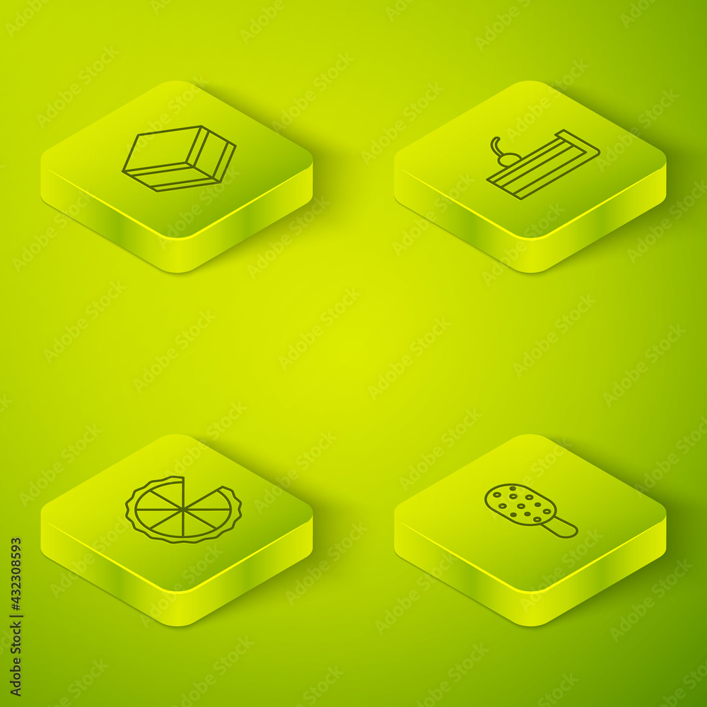 Set Isometric line Cherry cheesecake, Homemade pie, Ice cream and Brownie chocolate icon. Vector