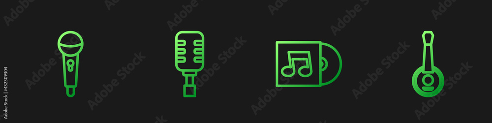 设置线乙烯基磁盘、麦克风和班卓琴。渐变色图标。矢量