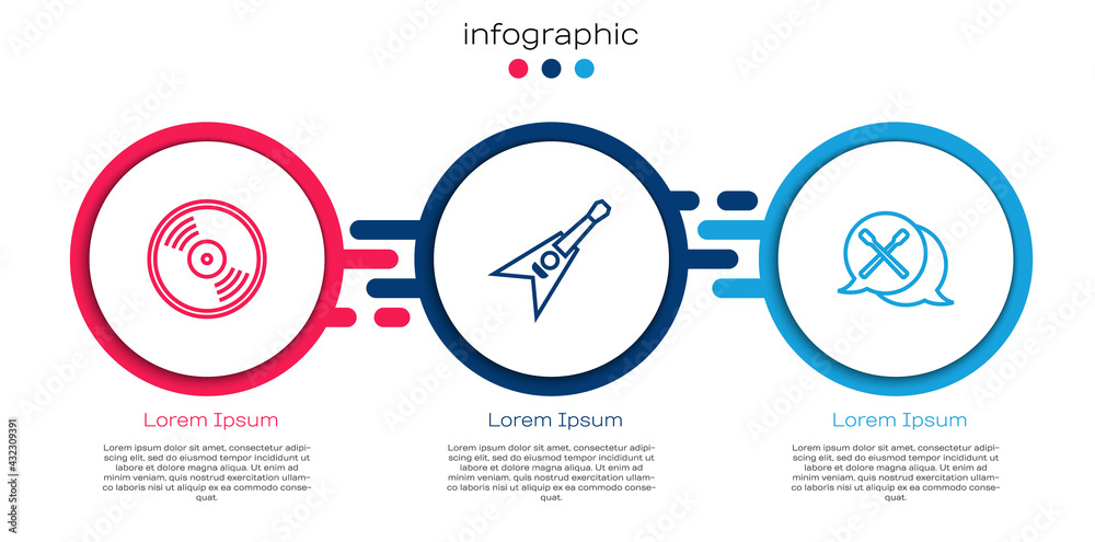 套装乙烯基唱片、电低音吉他和鼓槌。商业信息图模板。矢量