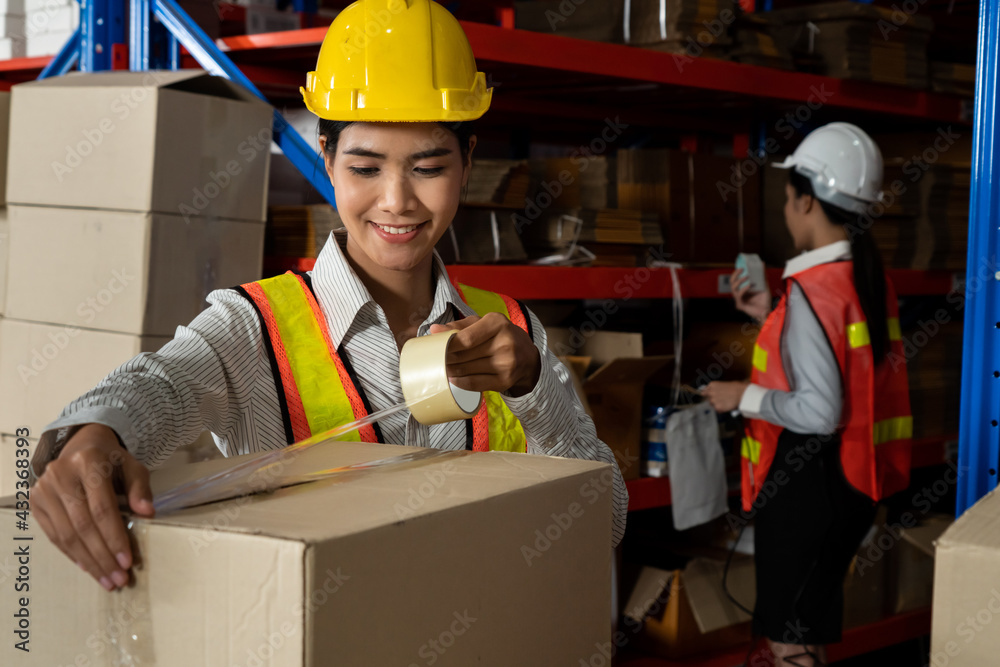 Female warehouse worker working at the storehouse . Logistics , supply chain and warehouse business 