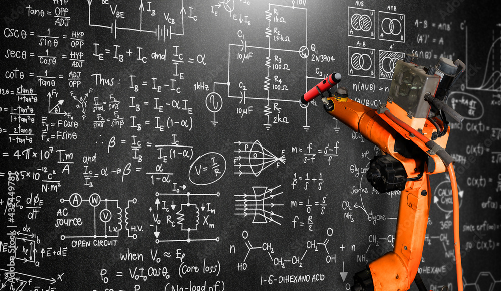 Robot arm AI analyzing mathematics for mechanized industry problem solving . Concept of robotics tec