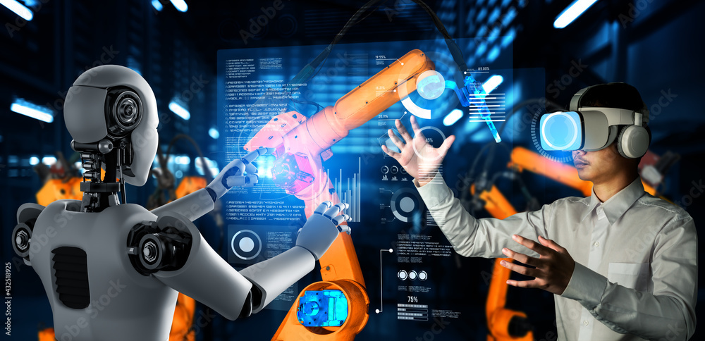 Mechanized industry robot and human worker working together in future factory . Concept of artificia