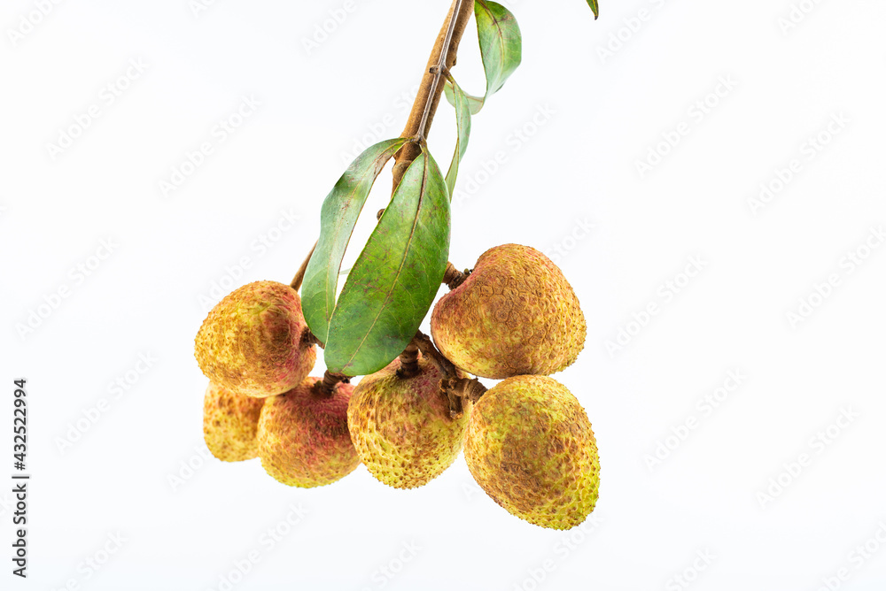 A bunch of fresh lychees on white background