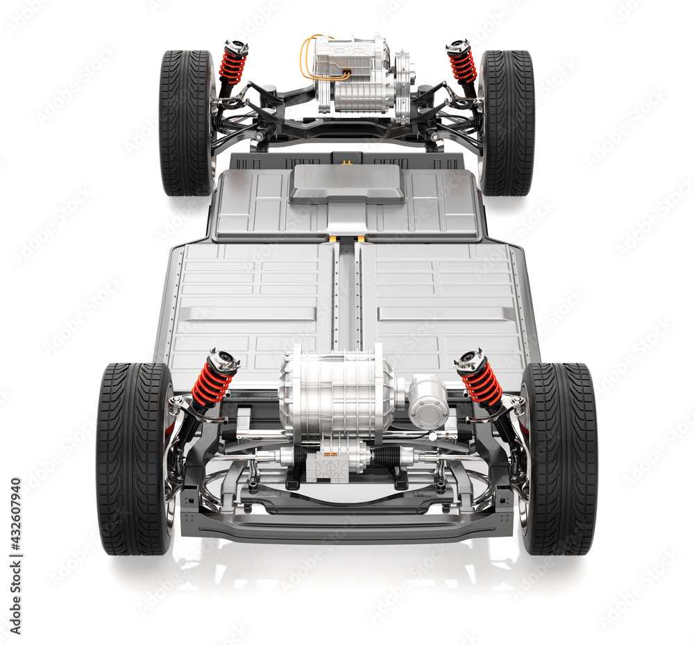 电动汽车底盘前视图，包括双电机和电池系统。3D渲染ima