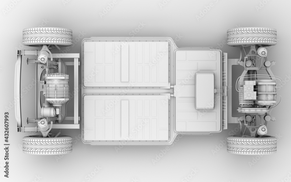 双电机和电池系统电动汽车底盘的粘土渲染。3D渲染图像