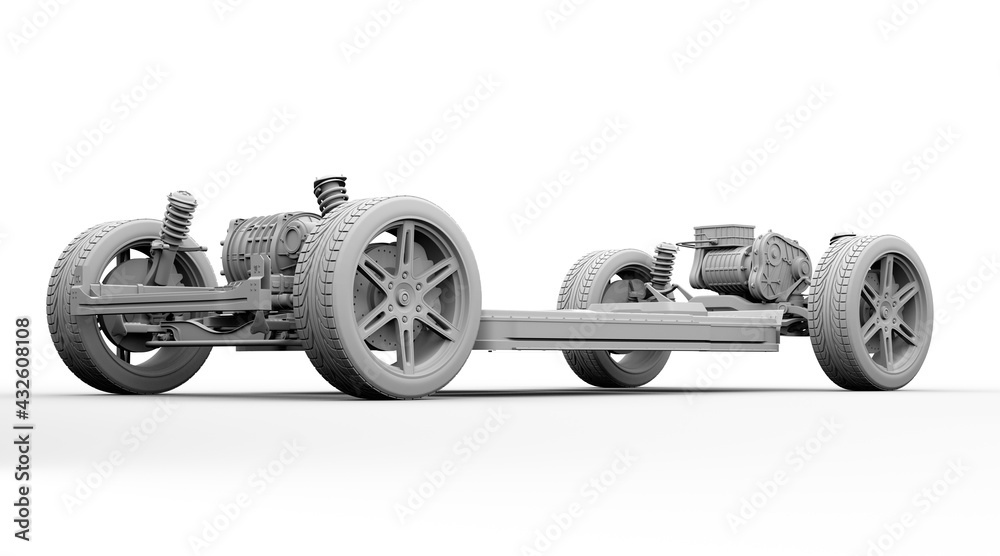 双电机和电池系统电动汽车底盘的粘土渲染。3D渲染图像
