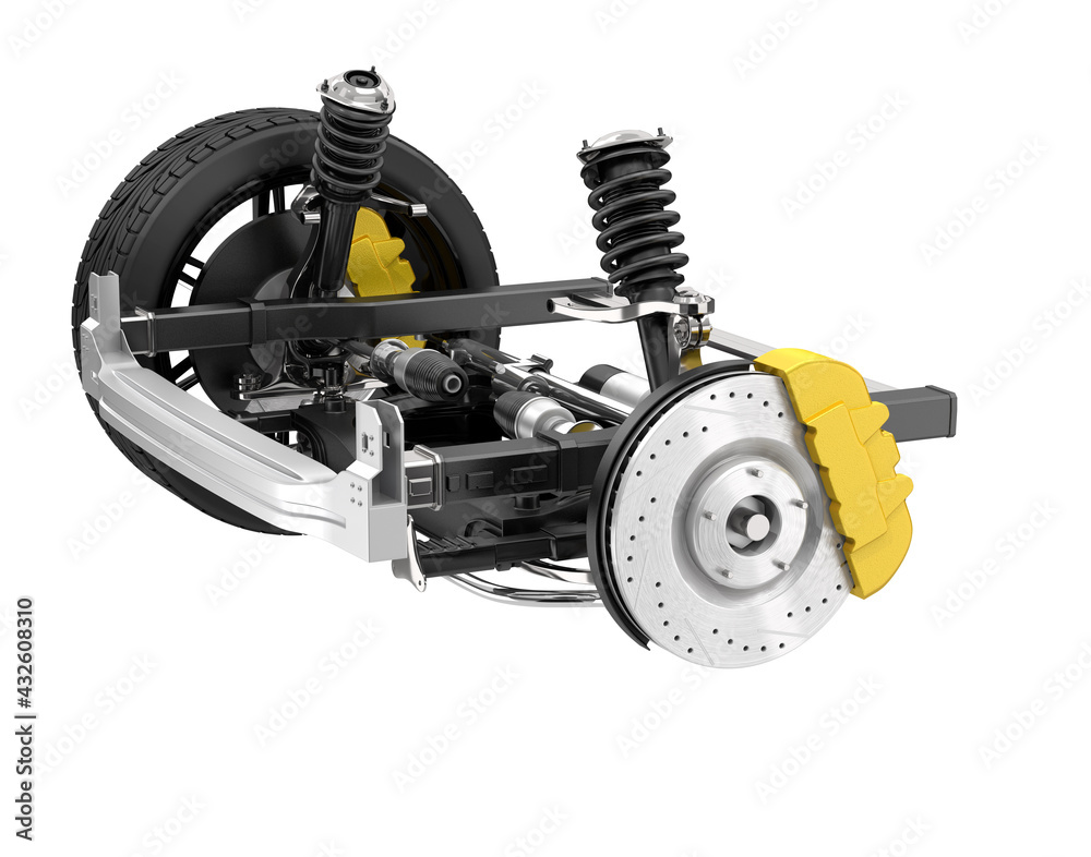 Car chassis with suspension and disk brake isolated on white background. 3D rendering image.