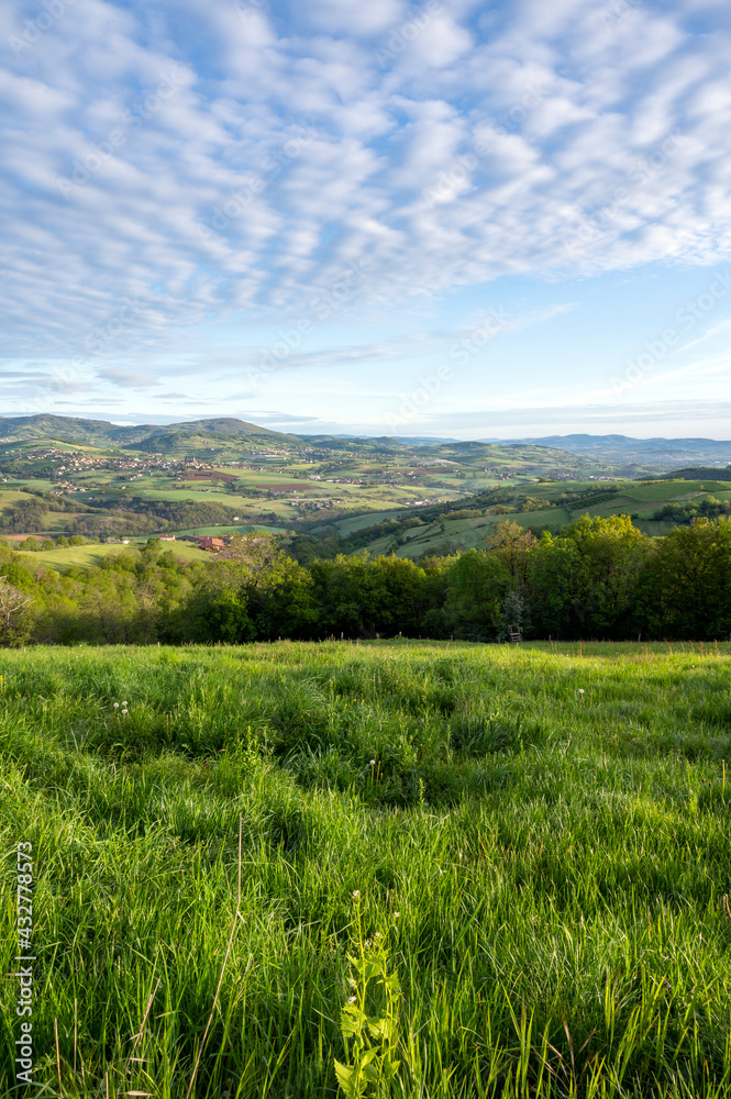 Paysage des Monts du Lyonnais dans le département du Rhône en France au printemps