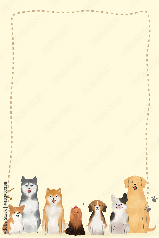 Frame with cute pets watercolor drawing on yellow background