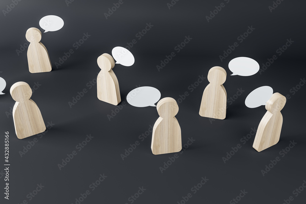 Wooden figures with speech clouds on a dark background. Social network and communication concept, 3d