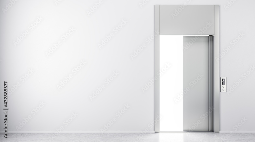 Blank light wall and open elevator doors in abstract hall. 3D rendering, mock up