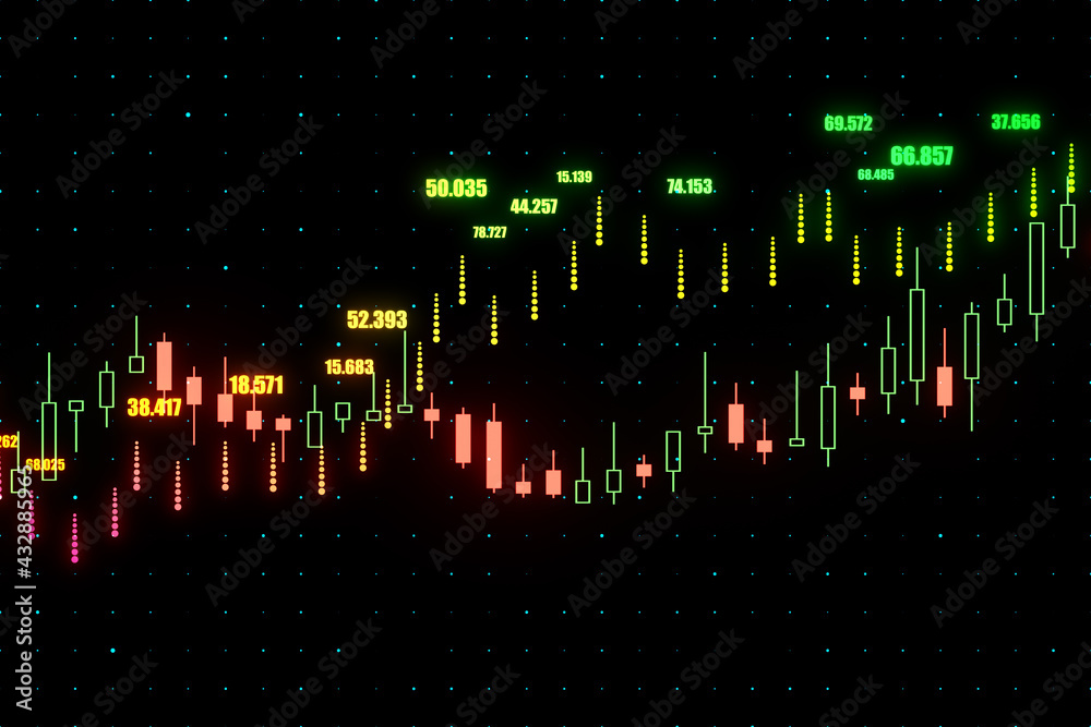 数字金融图表和抽象黑暗中的上升烛台的全球投资概念