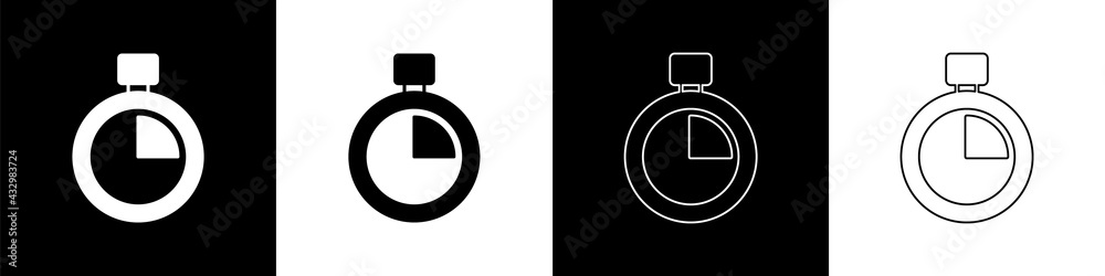 Set Stopwatch icon isolated on black and white background. Time timer sign. Chronometer sign. Vector