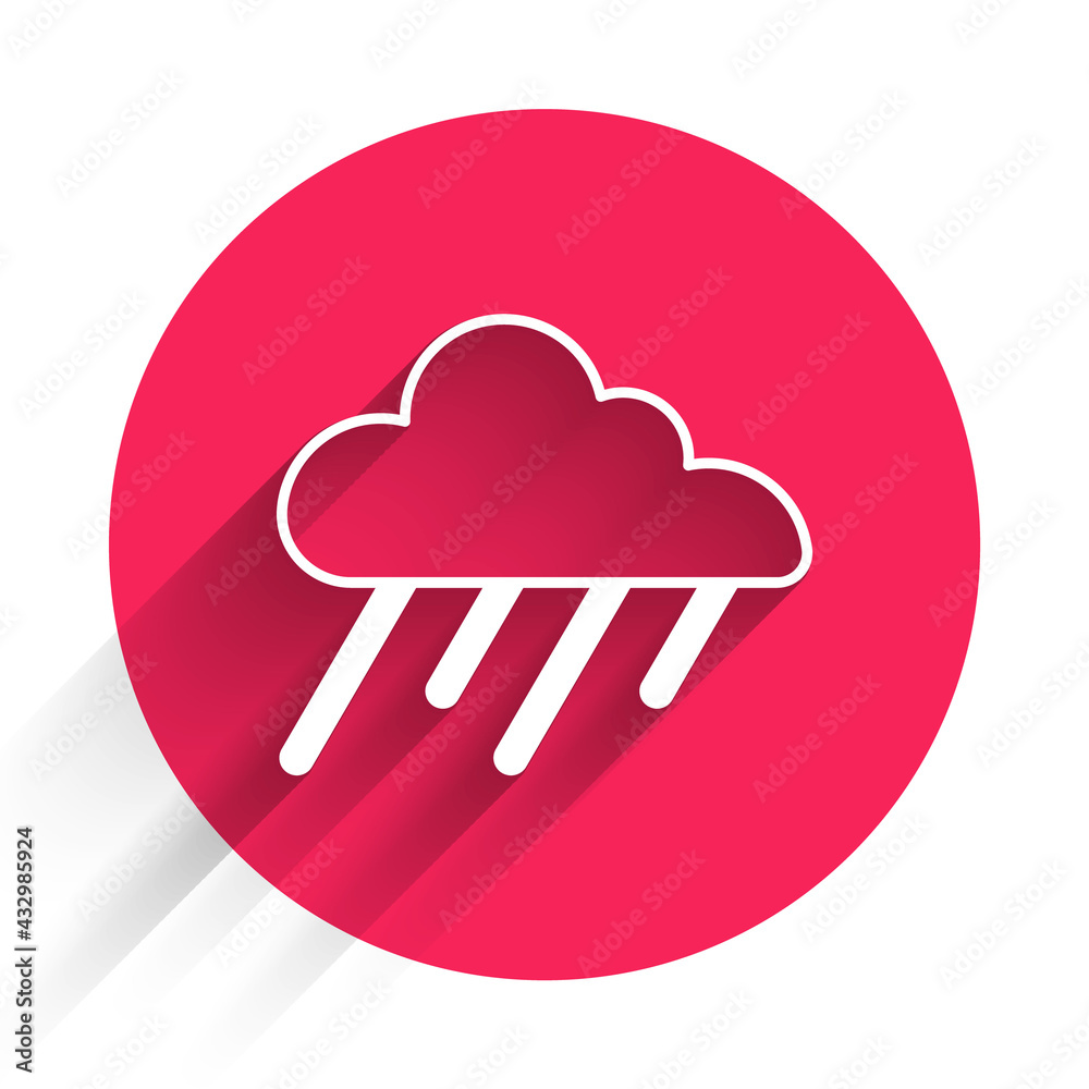 White Cloud with rain icon isolated with long shadow. Rain cloud precipitation with rain drops. Red 