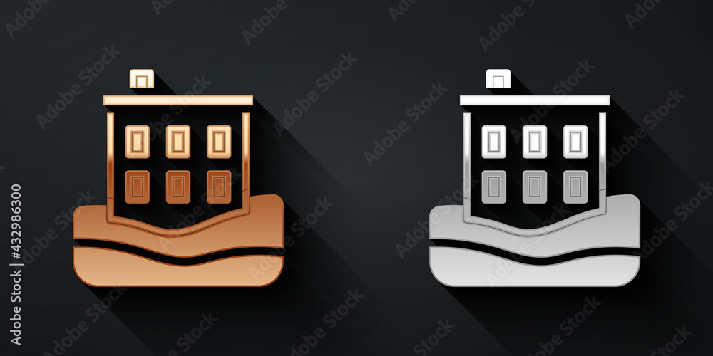 Gold and silver House flood icon isolated on black background. Home flooding under water. Insurance 