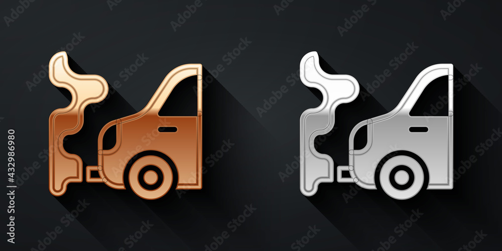 Gold and silver Car exhaust icon isolated on black background. Long shadow style. Vector