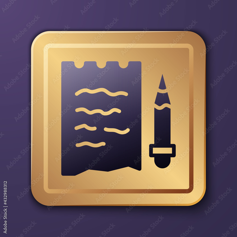 Purple Shopping list and pencil icon isolated on purple background. Gold square button. Vector