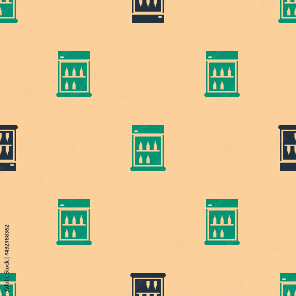 Green and black Commercial refrigerator to store drinks icon isolated seamless pattern on beige back