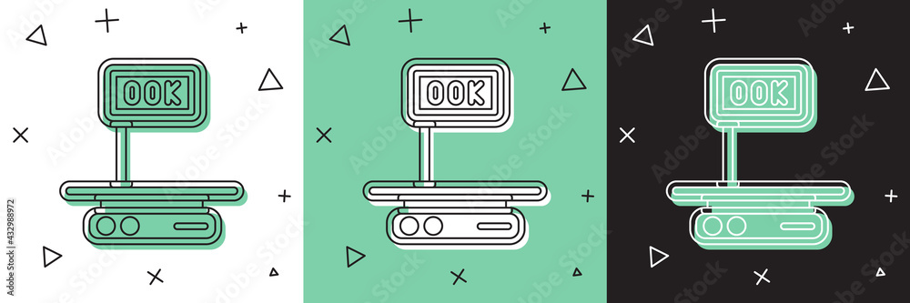 Set Electronic scales icon isolated on white and green, black background. Weight for food. Weighing 