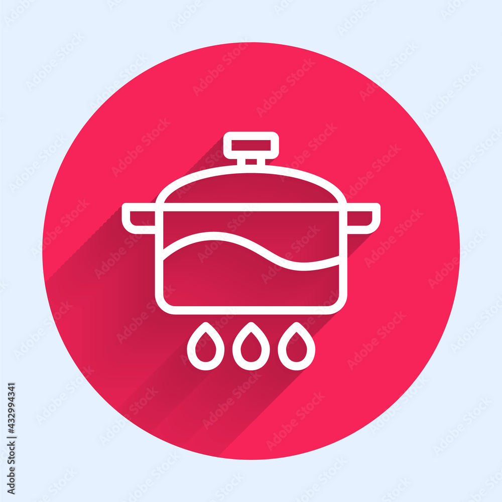 White line Cooking pot icon isolated with long shadow. Boil or stew food symbol. Red circle button. 