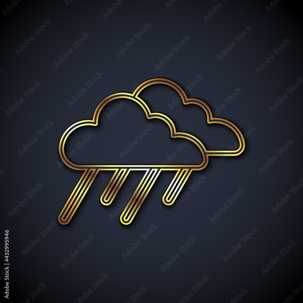 Gold line Cloud with rain icon isolated on black background. Rain cloud precipitation with rain drop