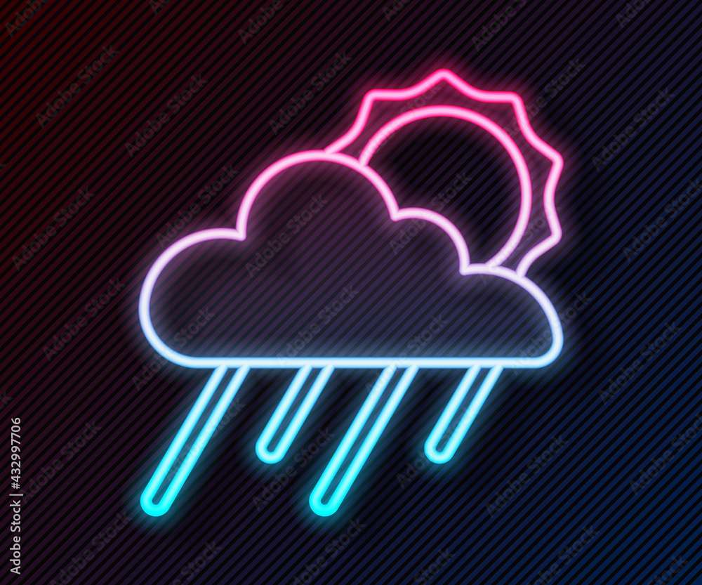 Glowing neon line Cloud with rain and sun icon isolated on black background. Rain cloud precipitatio