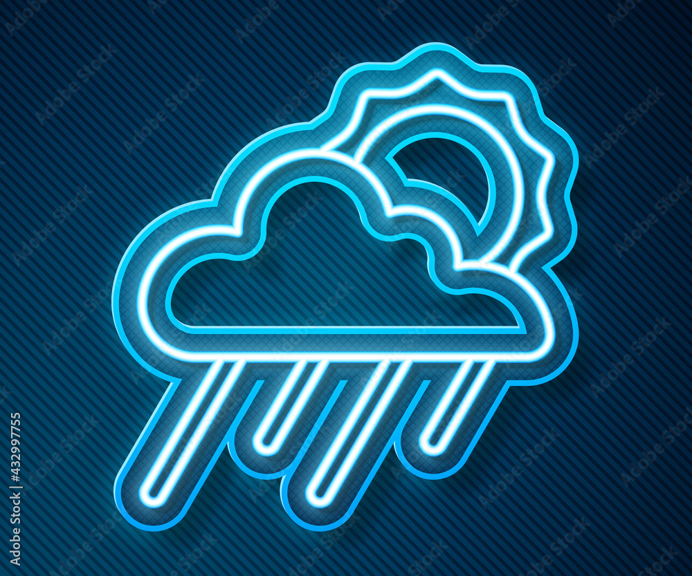 Glowing neon line Cloud with rain and sun icon isolated on blue background. Rain cloud precipitation