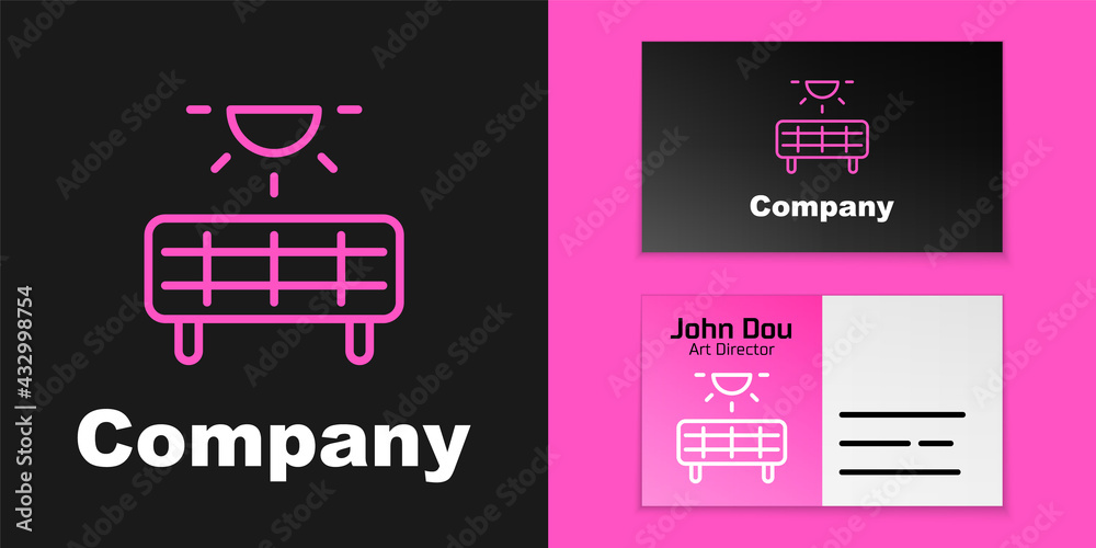 Pink line Solar energy panel icon isolated on black background. Logo design template element. Vector