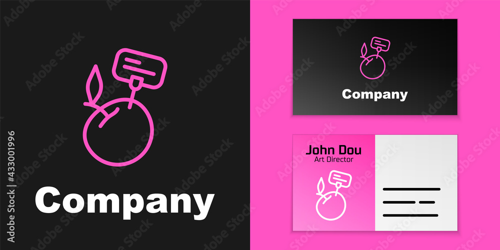 Pink line Supermarket food products with price label icon isolated on black background. Logo design 