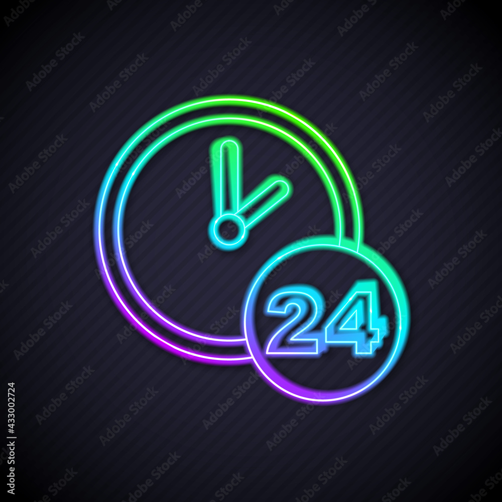 Glowing neon line Clock 24 hours icon isolated on black background. All day cyclic icon. 24 hours se