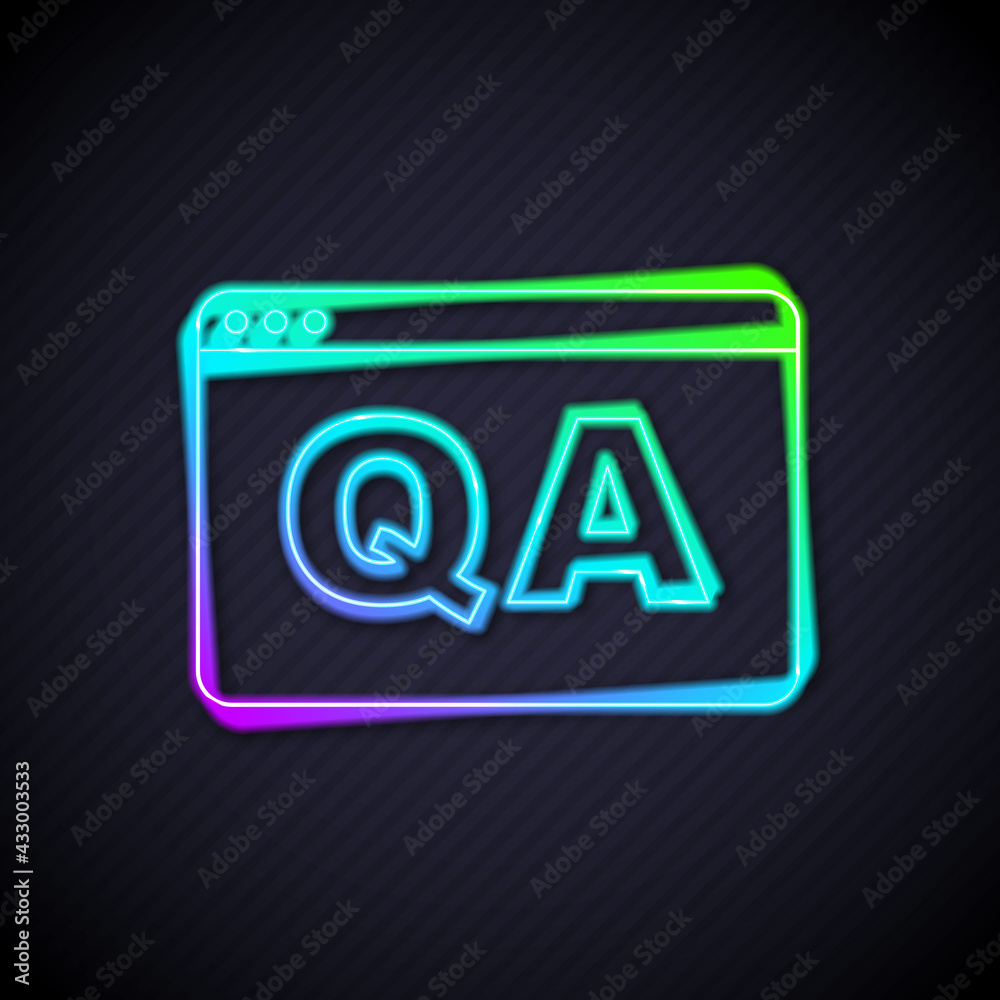 Glowing neon line Speech bubbles with Question and Answer icon isolated on black background. Q and A