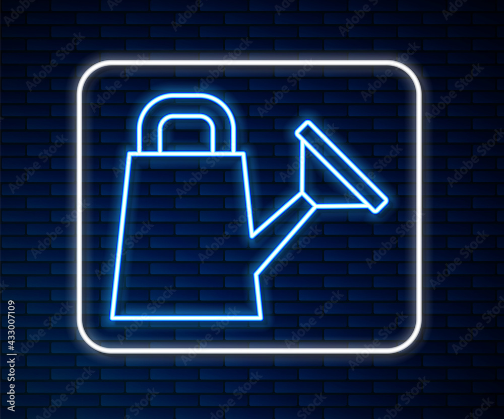 Glowing neon line Watering can icon isolated on brick wall background. Irrigation symbol. Vector