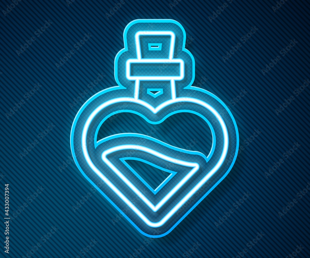 Glowing neon line Bottle with love potion icon isolated on blue background. Valentines day symbol. V