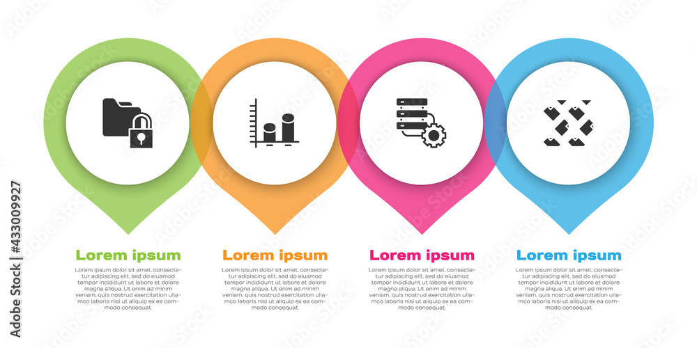 设置文件夹和锁，数据分析，服务器设备和流。业务信息图模板。矢量