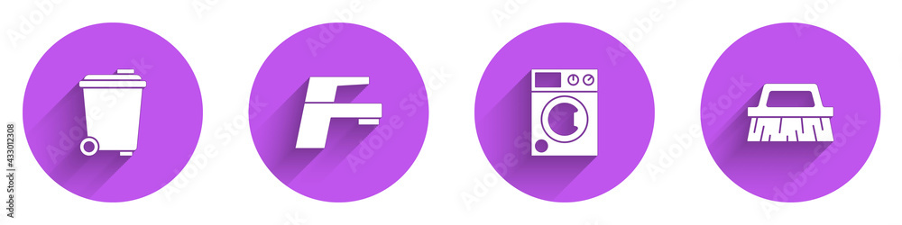 Set Trash can, Water tap, Washer and Brush for cleaning icon with long shadow. Vector