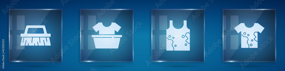 Set Brush for cleaning, Basin with shirt, Dirty t-shirt and . Square glass panels. Vector