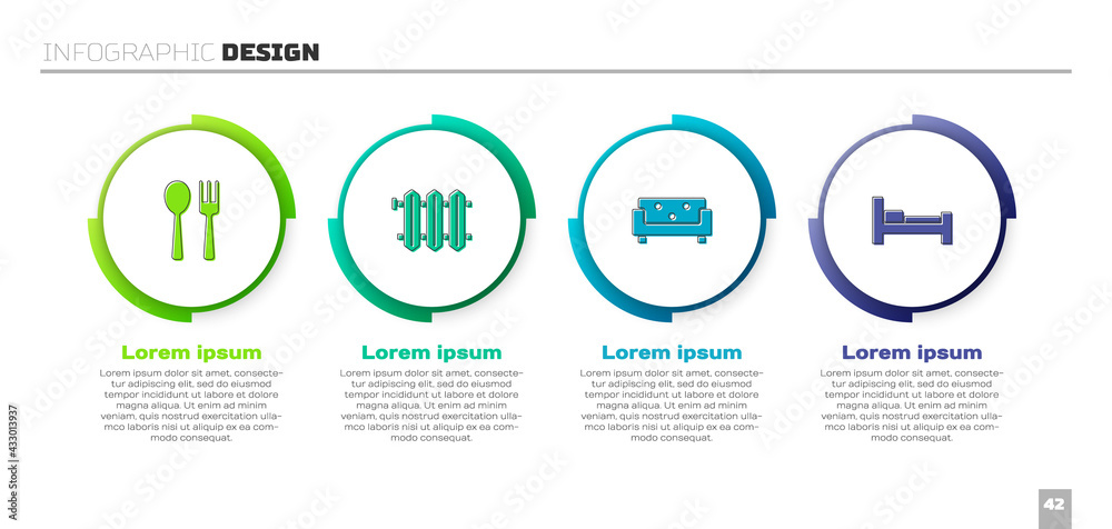 Set Fork and spoon, Heating radiator, Sofa and Hotel room bed. Business infographic template. Vector