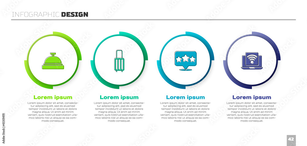 Set Hotel service bell, Suitcase, Five stars rating review and Wireless laptop. Business infographic