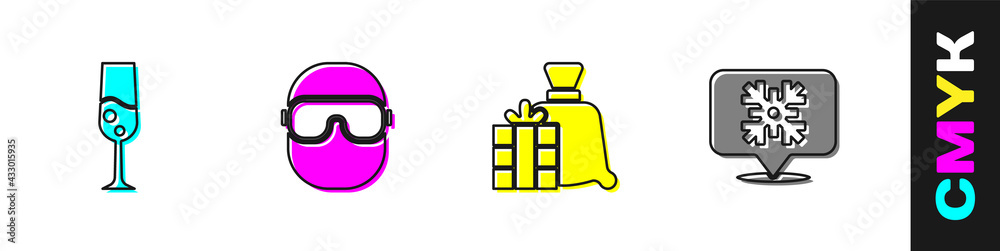 Set Glass of champagne, Ski goggles, Santa Claus bag gift and Snowflake speech bubble icon. Vector