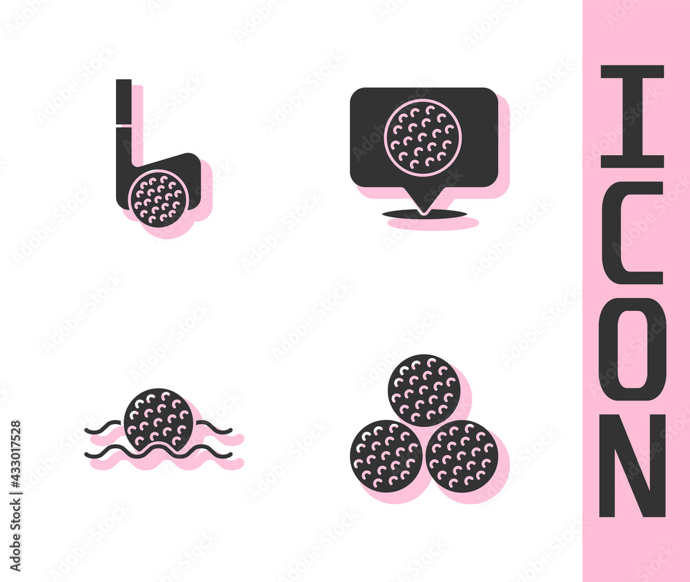 Set Golf ball, club with, in water and label icon. Vector