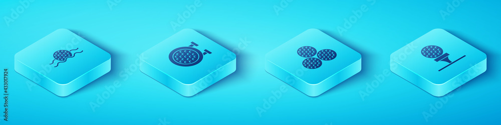 Set Isometric Golf ball in water, sport club, on tee and icon. Vector