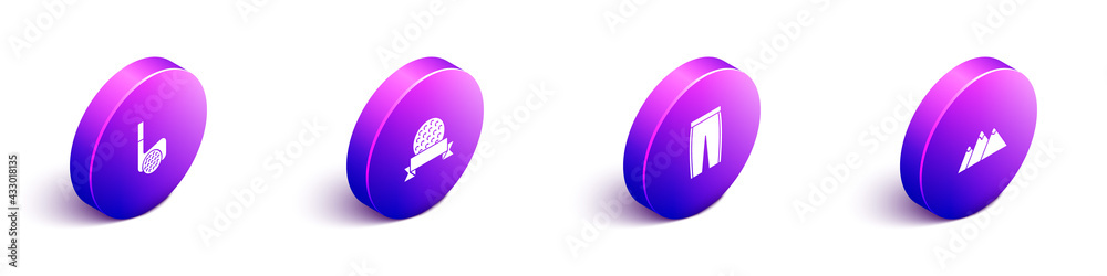 Set Isometric Golf club with ball, , pants and Mountains icon. Vector