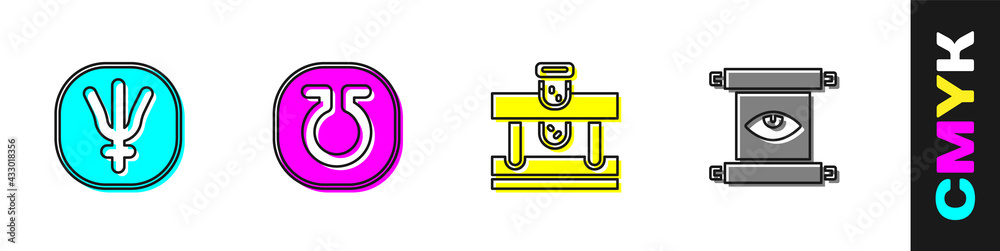 设定海王星行星、生命、装有药水的瓶子和古代魔法卷轴图标。矢量