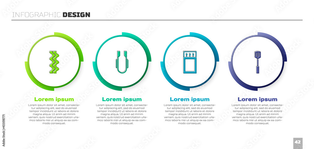 设置培根条、肉钳、火柴盒和火柴以及烧烤抹刀。商业信息图templa