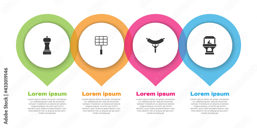 将胡椒、烧烤钢格栅、香肠放在叉子和砖炉上。商业信息图模板。