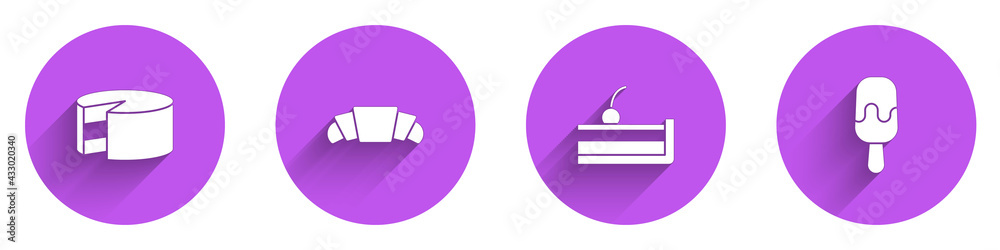 长阴影的蛋糕、牛角面包、樱桃芝士蛋糕和冰淇淋图标。矢量