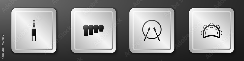 Set Audio jack, Pan flute, Drum and drum sticks and Tambourine icon. Silver square button. Vector