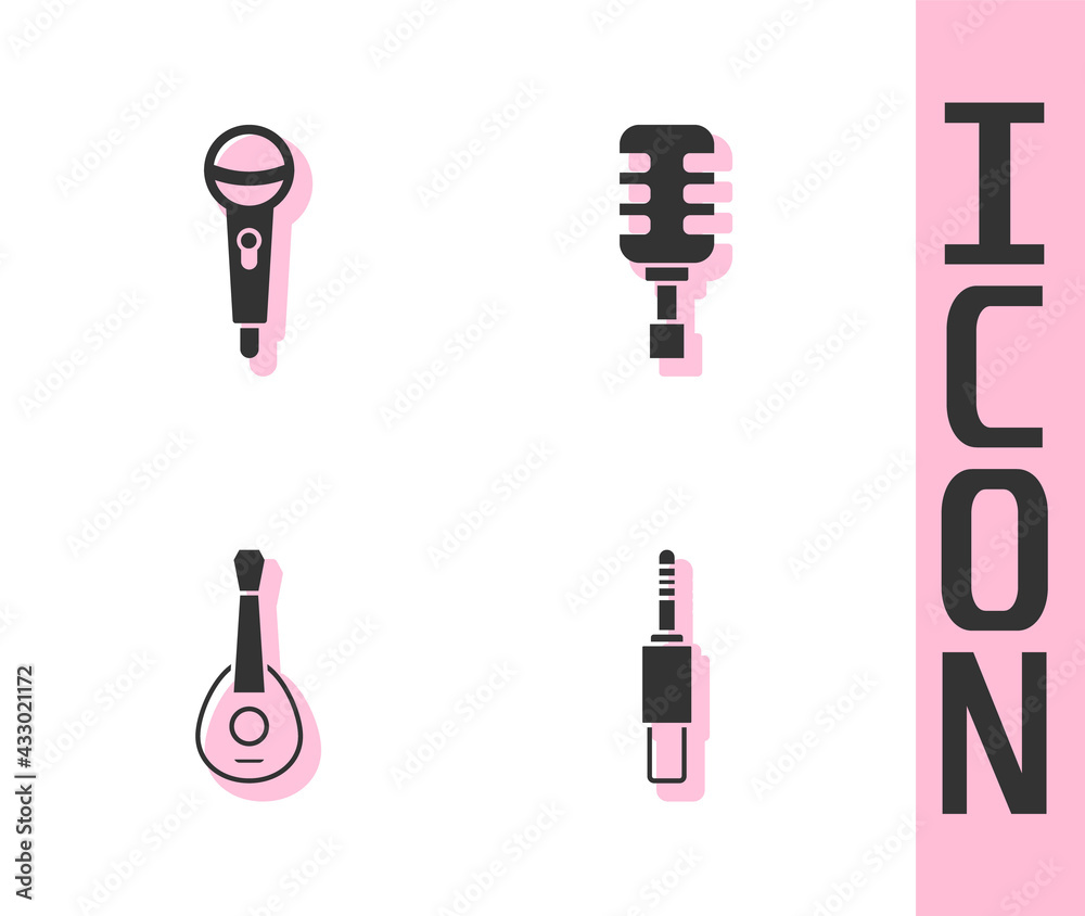 Set Audio jack, Microphone, Guitar and icon. Vector